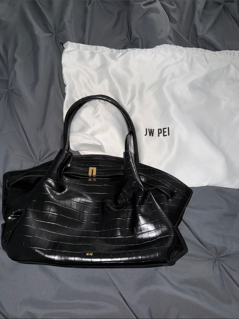 JW PEI Black Croc-Embossed Tote with Gold Hardware